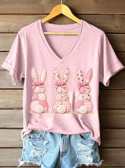 Frauen niedliches Bunny Patchwork Muster V-Ausschnitt T-Shirt