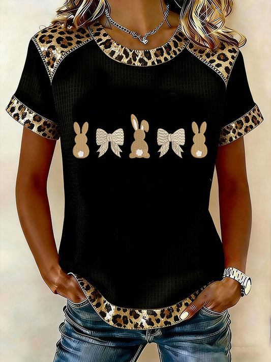 Damen-Osterhase-Print-Kurzarm-T-Shirt