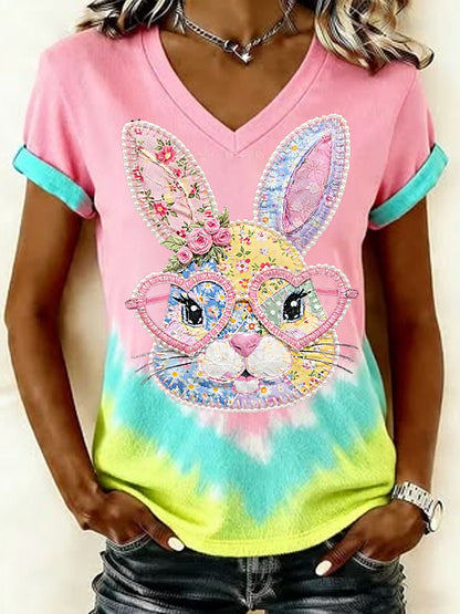 Damen-Blumen-Häschen-Patchwork-Druck lässiges T-Shirt mit V-Ausschnitt