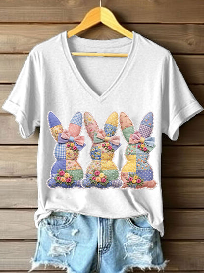 Frauen niedliches Bunny Patchwork Muster T-Shirt
