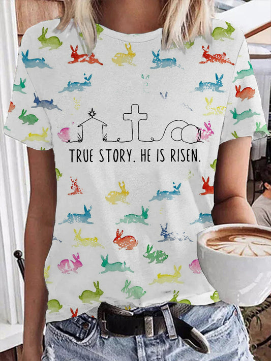 Damen-Oster-Aquarell-Häschen wahre Geschichte bedrucktes Kurzarm-T-Shirt mit O-Ausschnitt