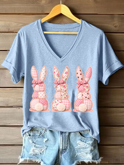 Frauen niedliches Bunny Patchwork Muster V-Ausschnitt T-Shirt