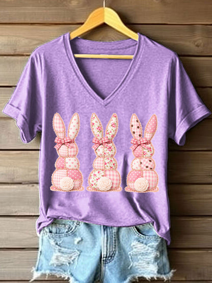 Frauen niedliches Bunny Patchwork Muster V-Ausschnitt T-Shirt