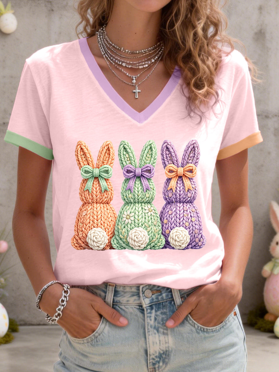 Frauen niedliches Häschen muster V-Ausschnitt T-Shirt
