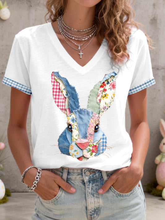 Frauen niedliches Bunny Patchwork Muster V-Ausschnitt T-Shirt