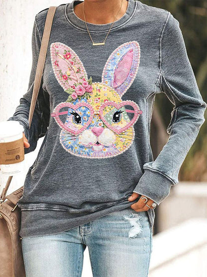 Damen-Blumen-Häschen-Patchwork-Print-Sweatshirt