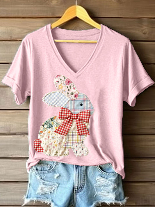 Frauen Vintage Patchwork Bunny Muster V-Ausschnitt T-Shirt