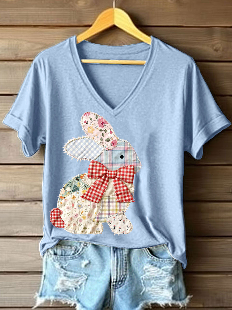 Frauen Vintage Patchwork Bunny Muster V-Ausschnitt T-Shirt