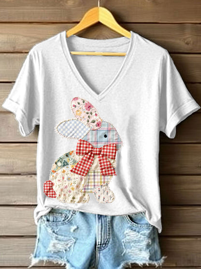 Frauen Vintage Patchwork Bunny Muster V-Ausschnitt T-Shirt