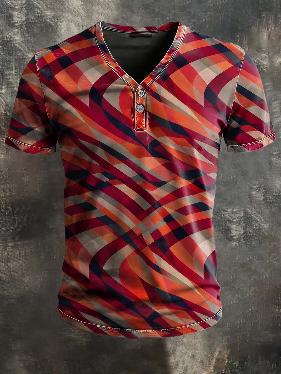 Geometrisches Farb-Block-Check-Print Lässiges Kurzarm-T-Shirt mit V-Ausschnitt