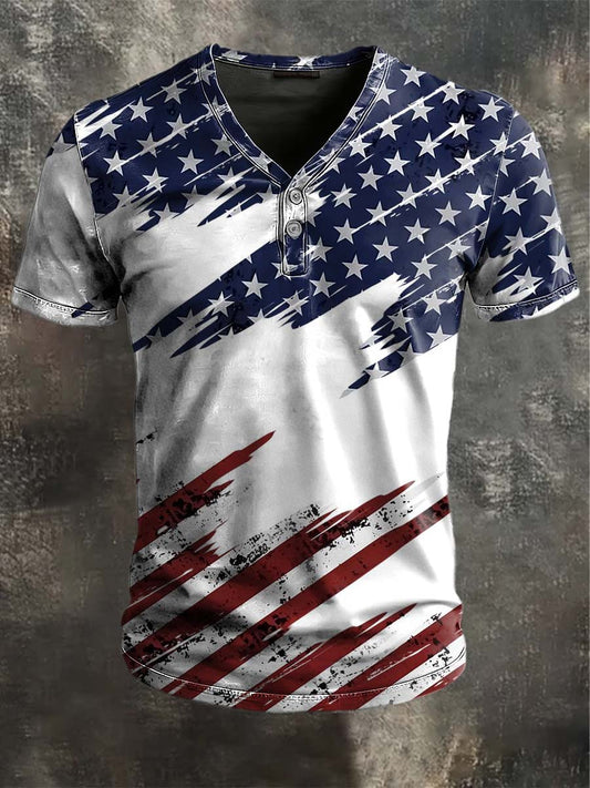 Amerikanische Flagge Distressed Print Lässiges Kurzarm T-Shirt mit V-Ausschnitt