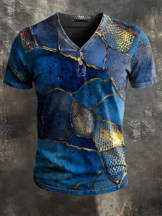 Gold-eingelegte Jade-Türkis-Print-Kurzarm-T-Shirt mit V-Ausschnitt
