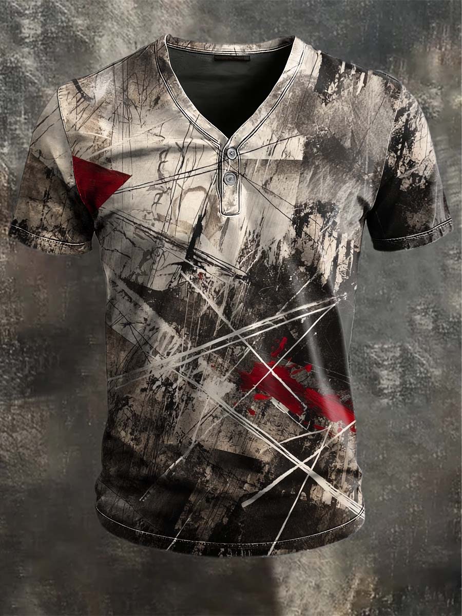 Industrieller abstrakter Kunstdruck lässiges Kurzarm-T-Shirt mit V-Ausschnitt