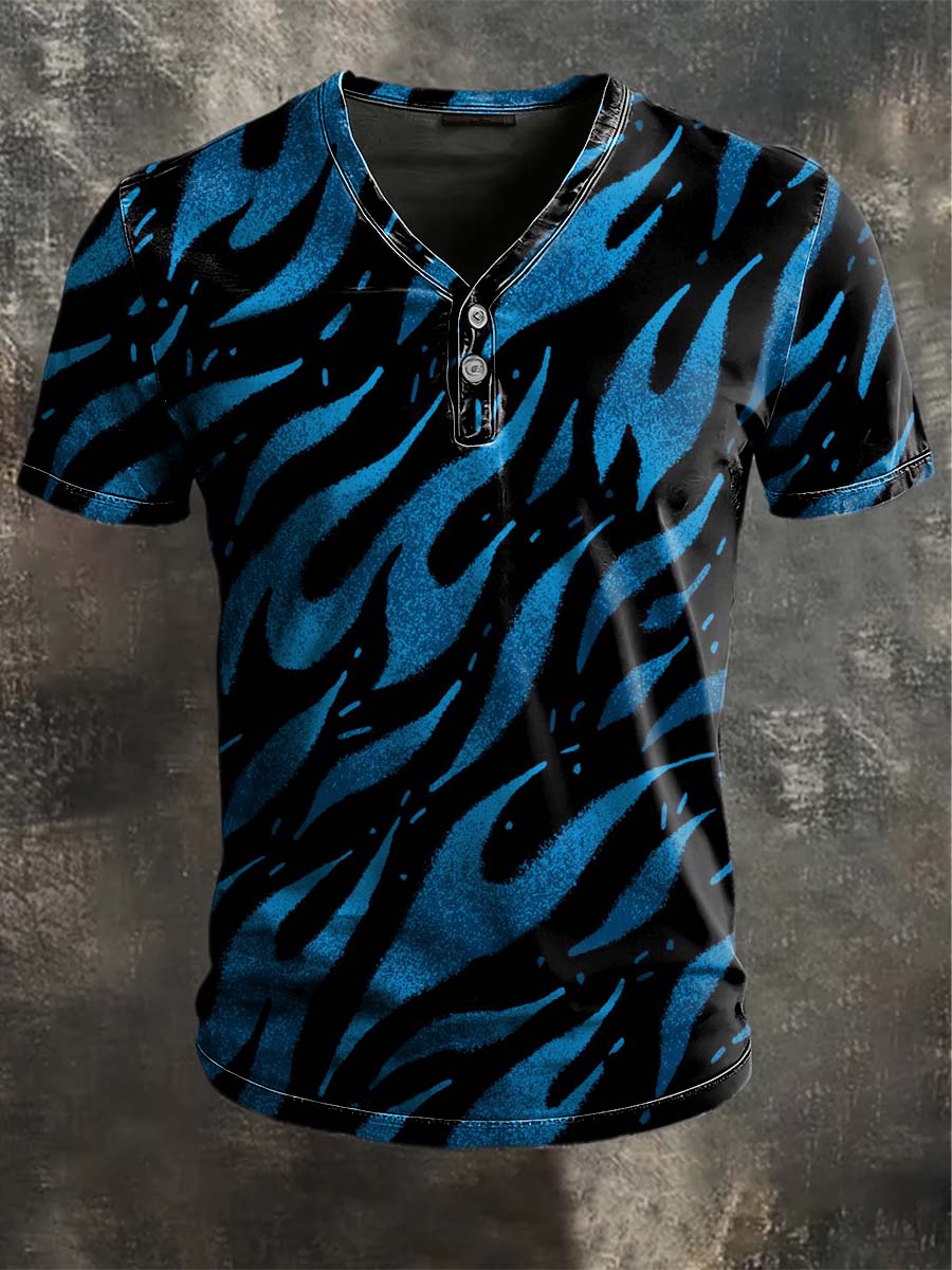 Blauer Flammen-Totem-Print-Kurzarm-T-Shirt mit V-Ausschnitt