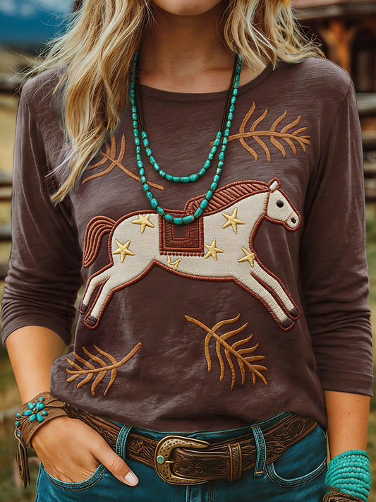 Damen Vintage Pferd Kunstdruck Lässiges T-Shirt mit langen Ärmeln