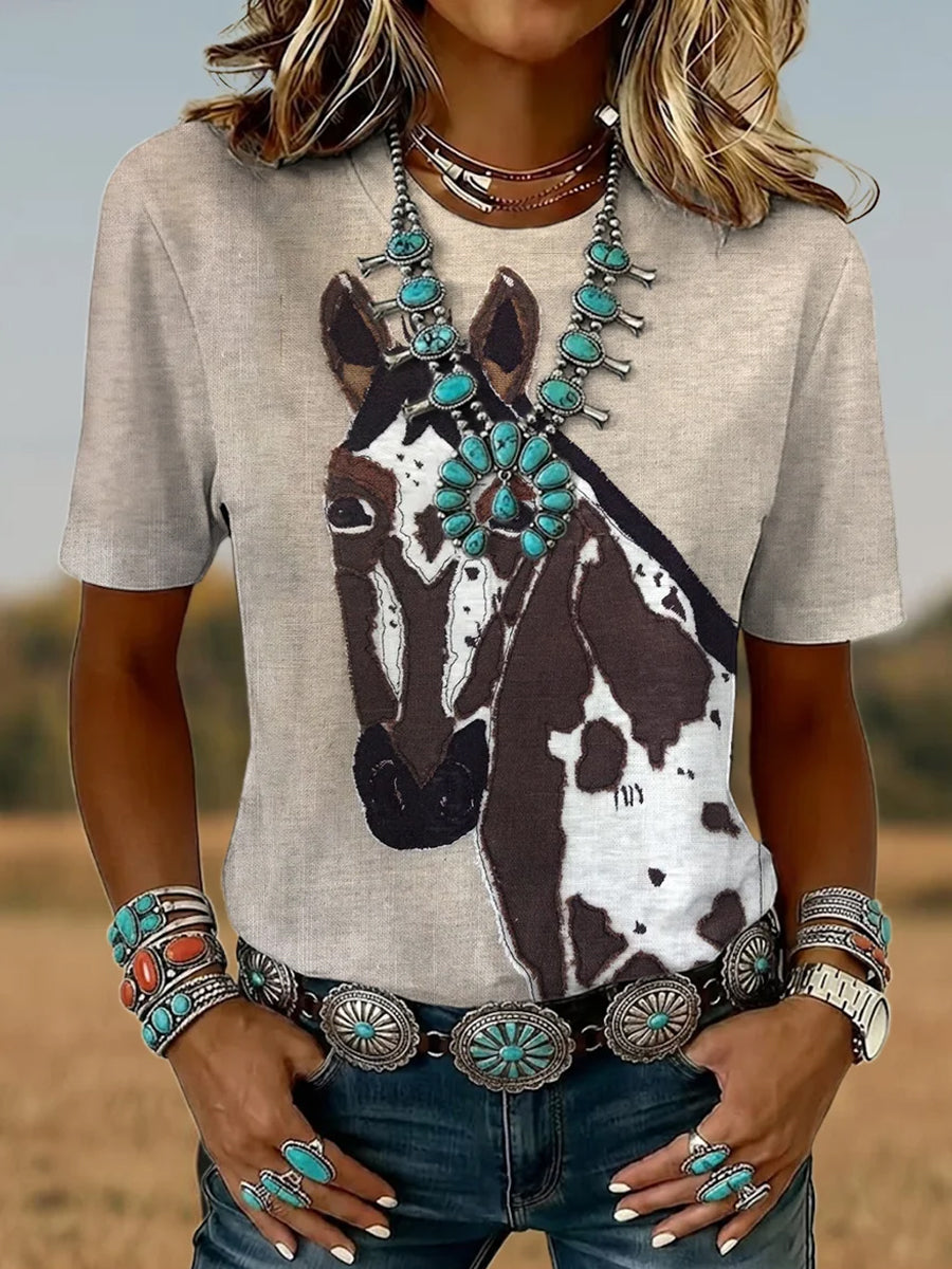 Damen Vintage Pferd Kunstdruck Lässiges T-Shirt mit kurzen Ärmeln