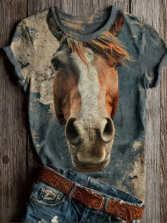 Damen Vintage Pferd Kunstdruck Lässiges T-Shirt mit kurzen Ärmeln