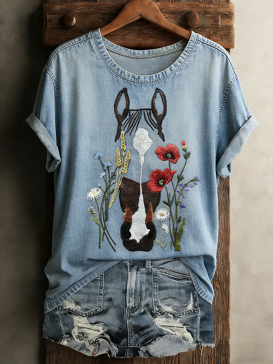 Damen Vintage Pferd Kunstdruck Lässiges T-Shirt mit kurzen Ärmeln