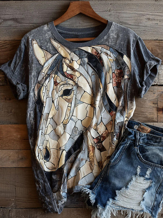 Damen Vintage Pferd Kunstdruck Lässiges T-Shirt mit kurzen Ärmeln