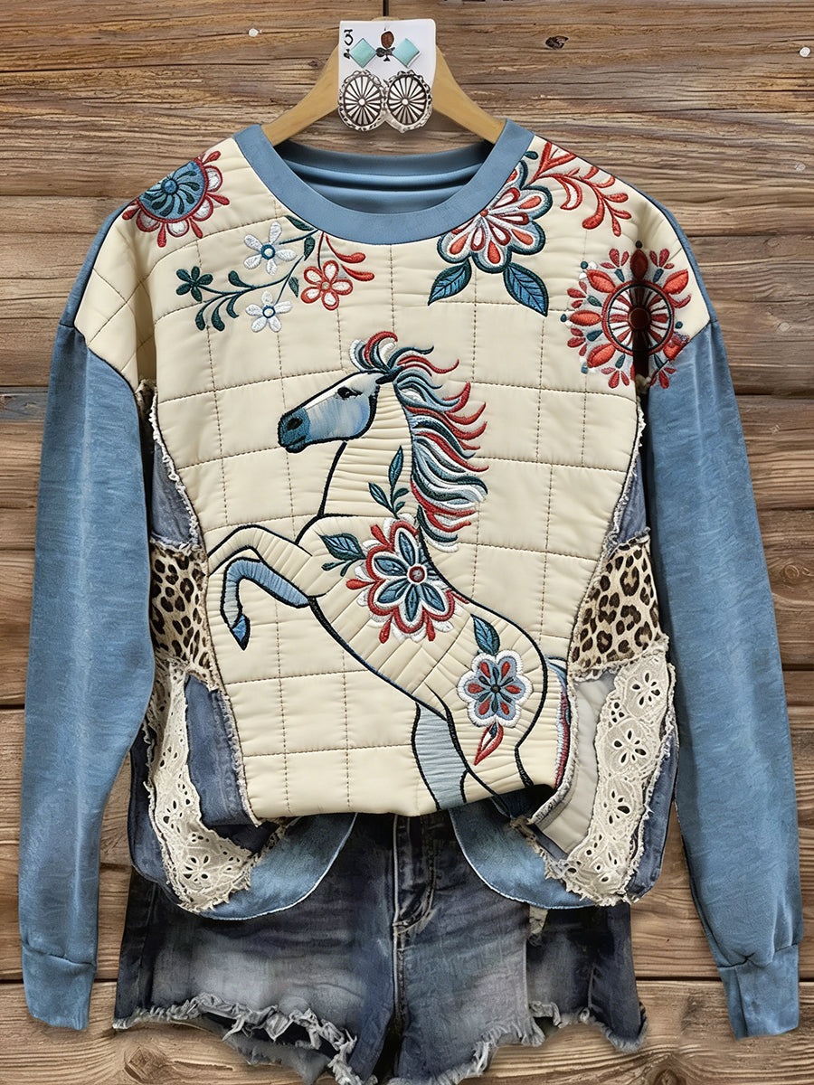 Damen Vintage Pferd Kunstdruck Casual Sweatshirt
