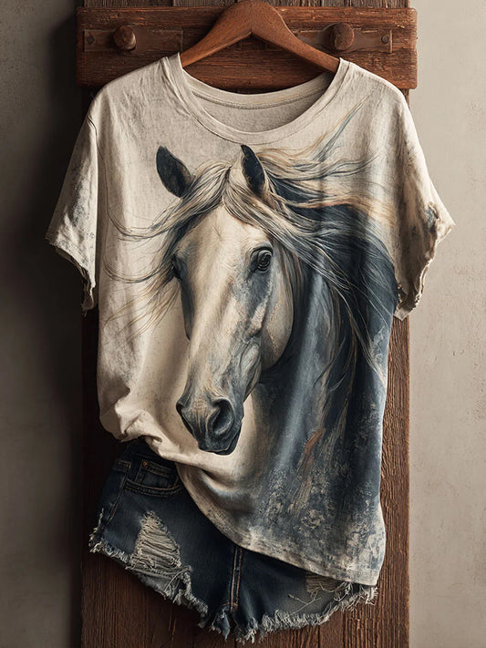 Damen Vintage Pferd Kunstdruck Lässiges T-Shirt mit kurzen Ärmeln