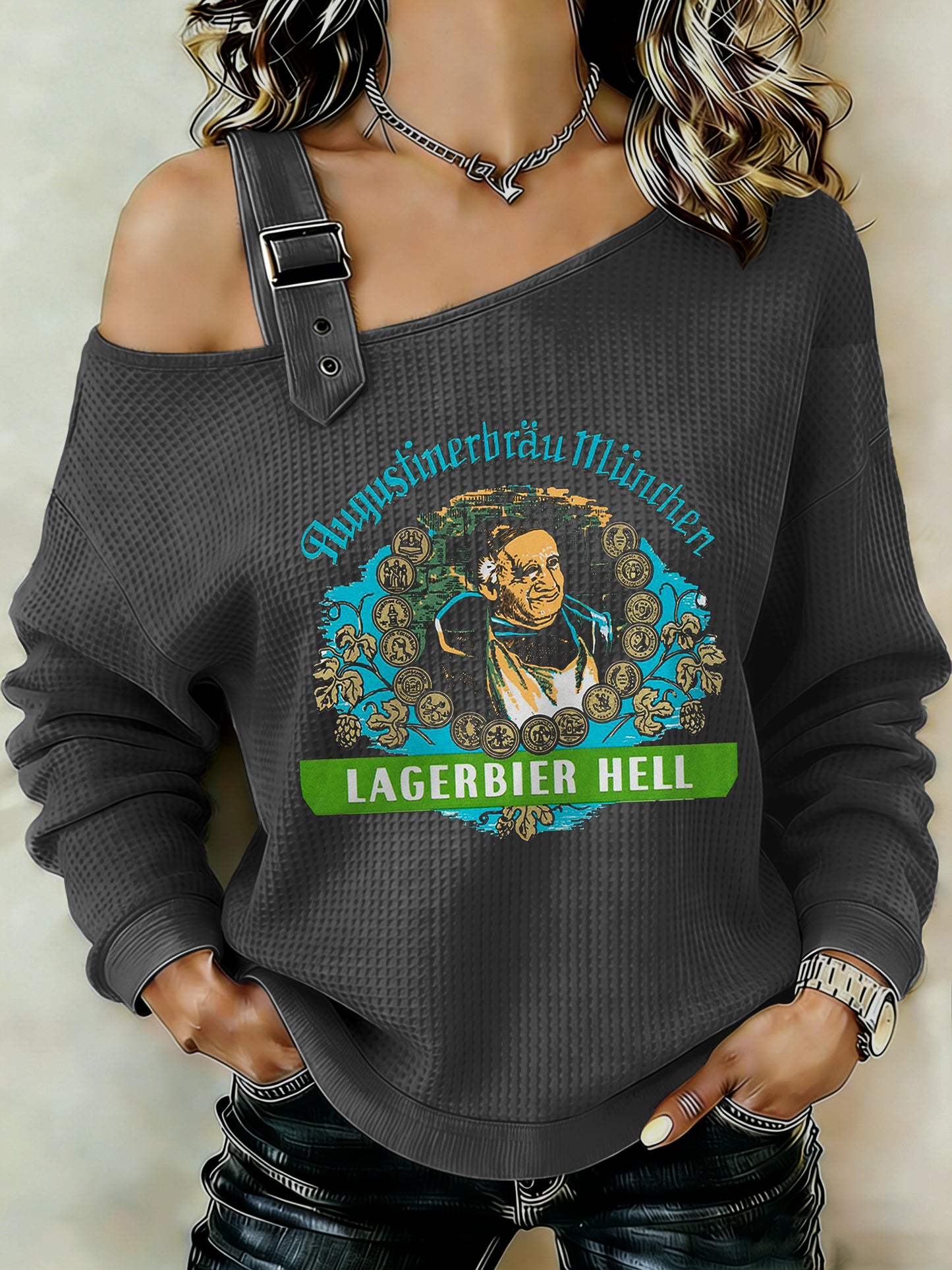 Damen Bier liebhaber Patchwork Print lässig schulter freies Sweatshirt