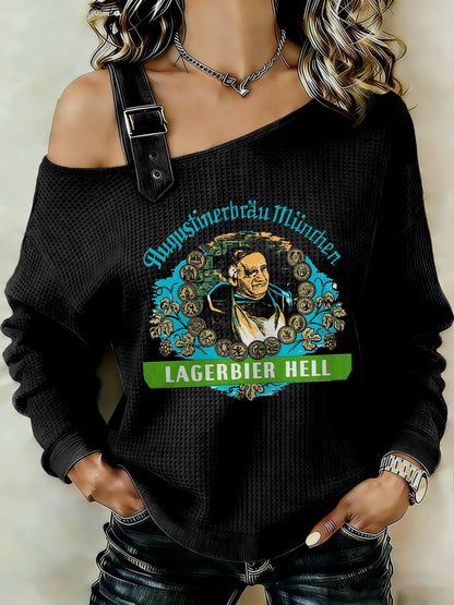 Damen Bier liebhaber Patchwork Print lässig schulter freies Sweatshirt