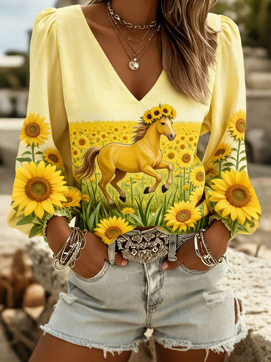 Frauen Sonnenblume und Pferd V-Ausschnitt Tops