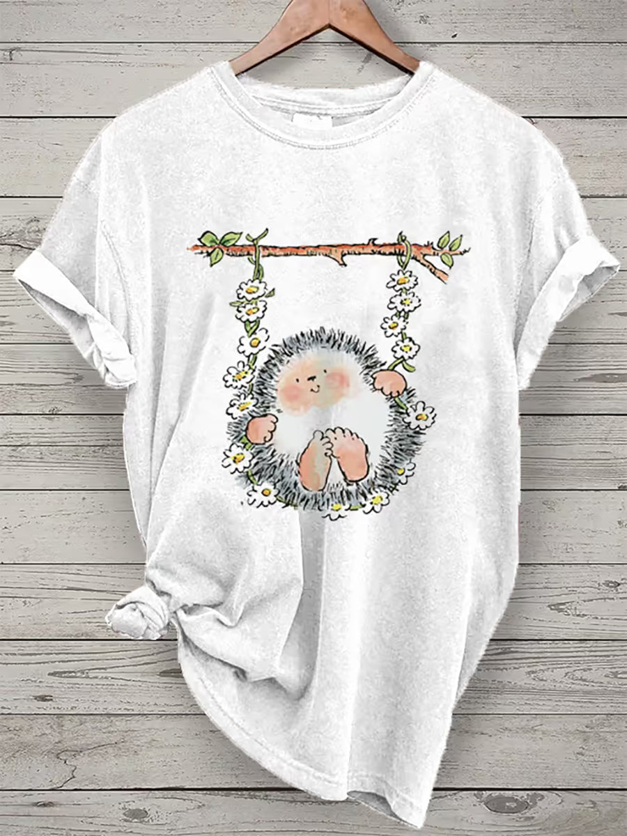 Damen süßes Igel-Print Kurzarm-T-Shirt