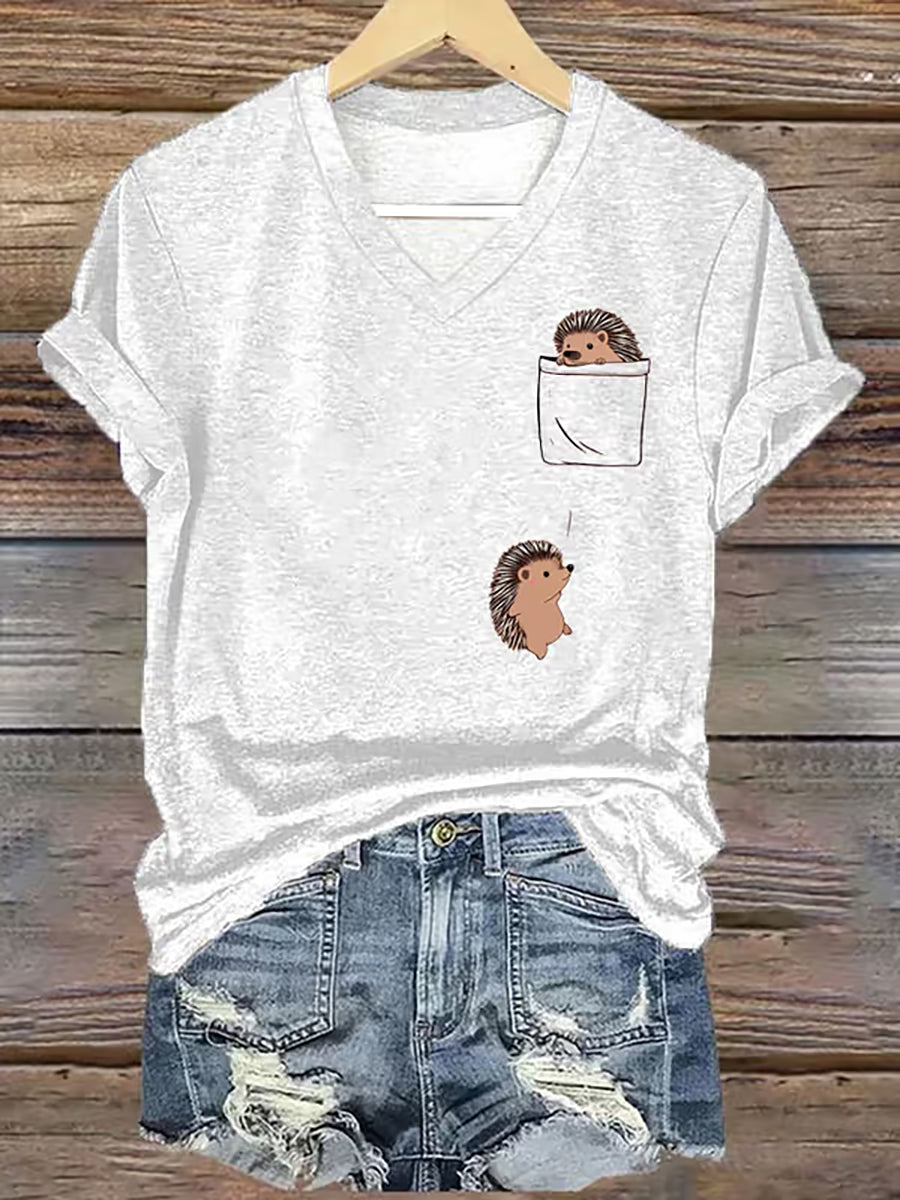 Kurzarm-T-Shirt mit Niedlichem Igel druck für Frauen