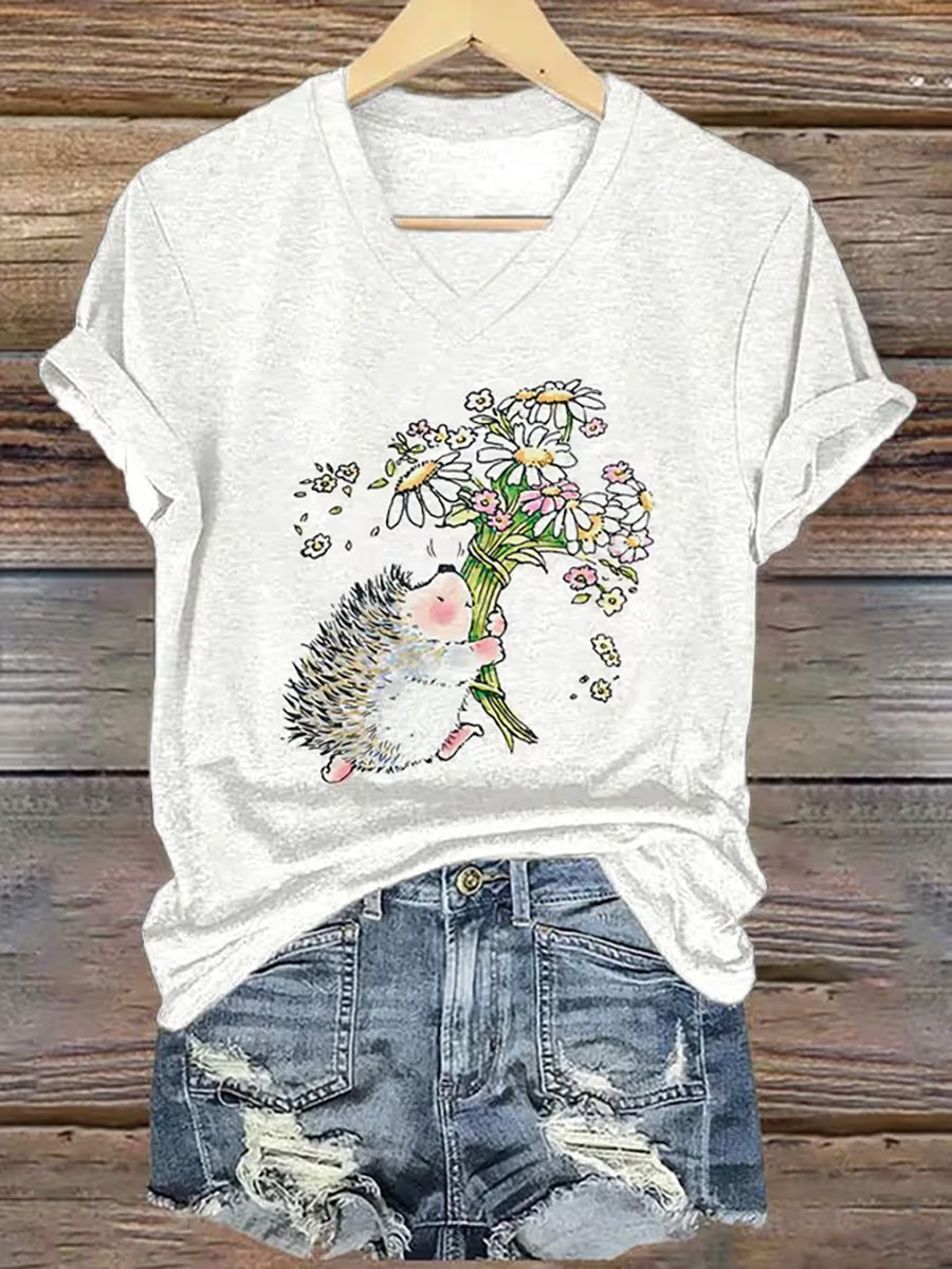 Kurzarm-T-Shirt mit Niedlichem Igel druck für Frauen