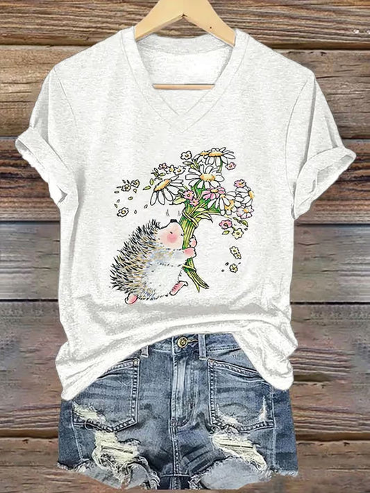 Kurzarm-T-Shirt mit Niedlichem Igel druck für Frauen