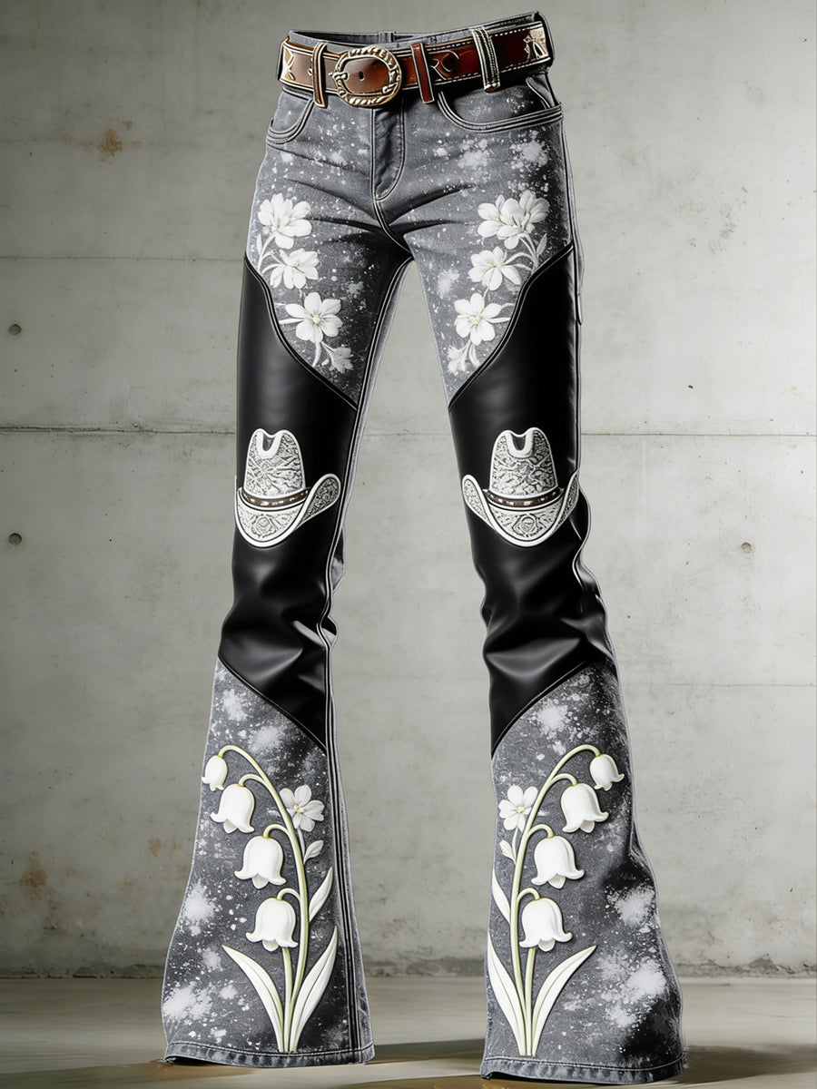 Damen-Western-Flowers-Kunstdruck-Farbrad-Hose