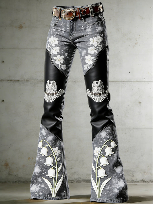 Damen-Western-Flowers-Kunstdruck-Farbrad-Hose