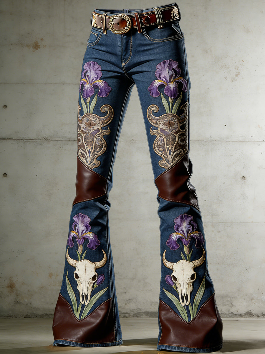 Damen-Western-Flowers-Kunstdruck-Farbrad-Hose