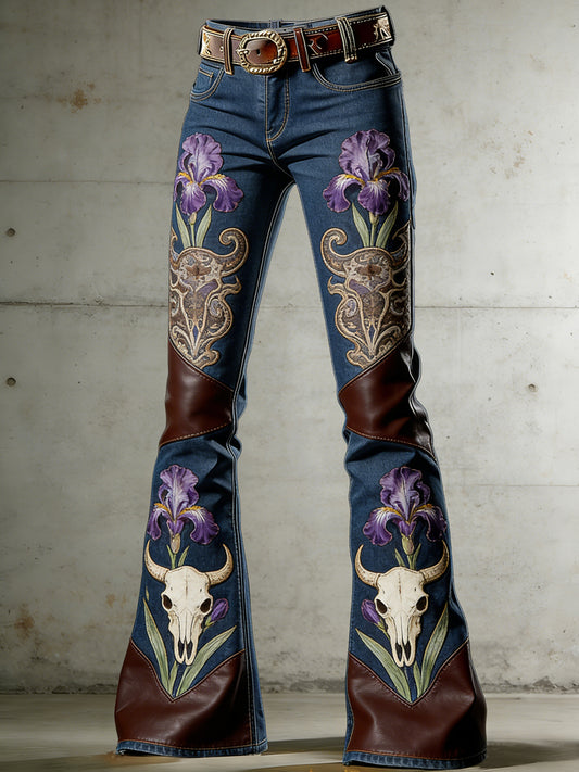 Damen-Western-Flowers-Kunstdruck-Farbrad-Hose