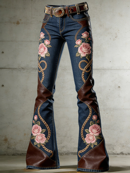 Damen-Western-Flowers-Kunstdruck-Farbrad-Hose
