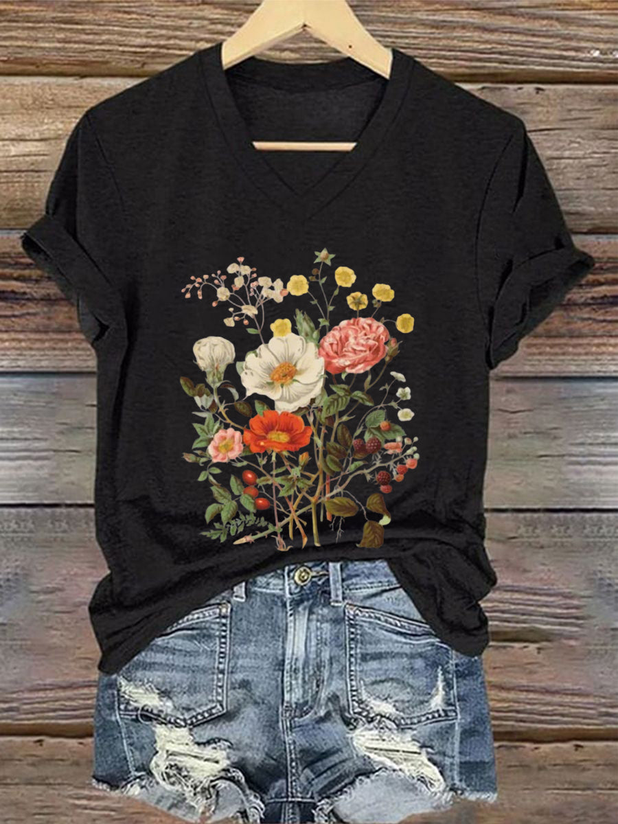 Damen-T-Shirt mit Blumenmuster und kurzen Ärmeln