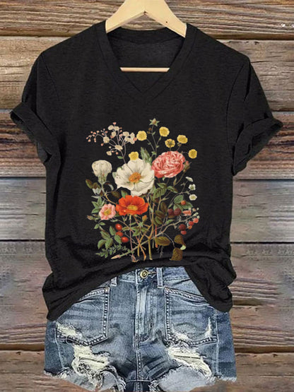 Damen-T-Shirt mit Blumenmuster und kurzen Ärmeln