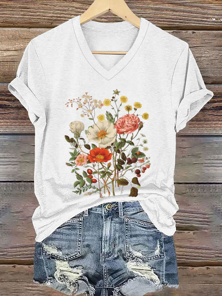 Damen-T-Shirt mit Blumenmuster und kurzen Ärmeln