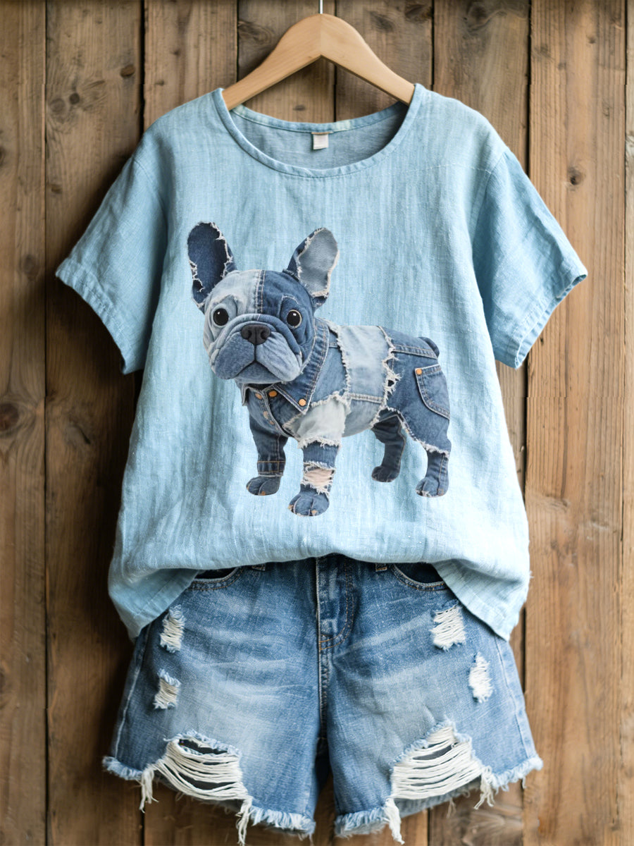 Damen schöne französische Bulldogge Denim Patchwork Muster Leinen mischung Shirt