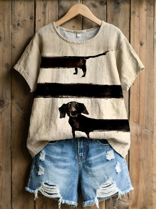 Damen Dackel Kunstdruck Leinen mischung T-Shirt