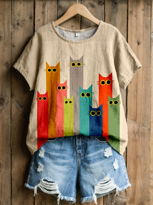 Frauen schöne Katze Kunstdruck Leinen mischung T-Shirt