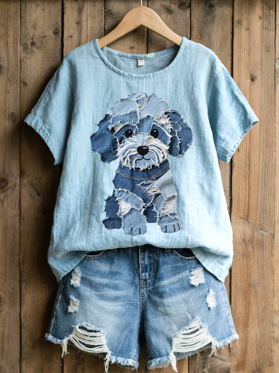 Frauen reizendes Hunde-Denim-Patchwork-Muster Leinen-Misch hemd