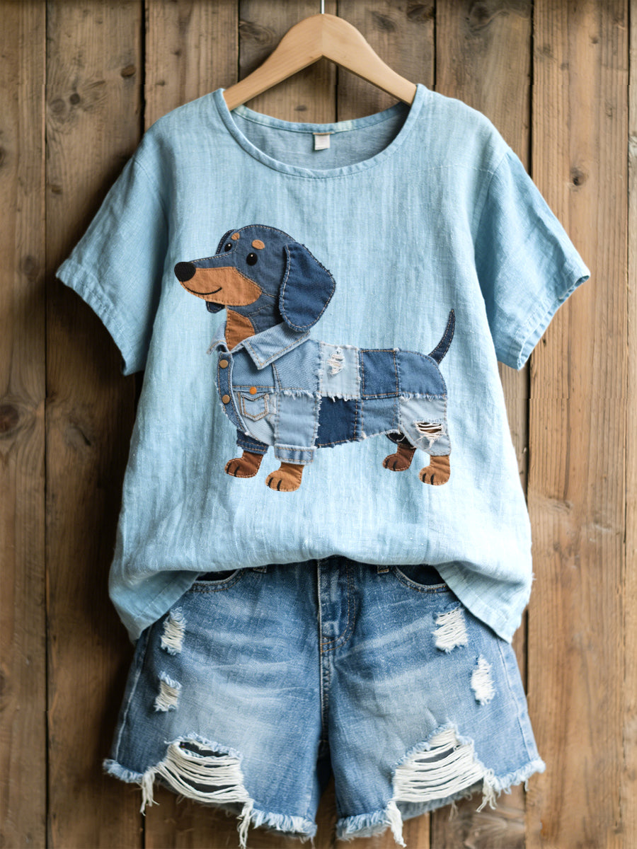 Damen-Damen-Dackel-Denim-Patchwork-Muster Leinen-Mischhemd