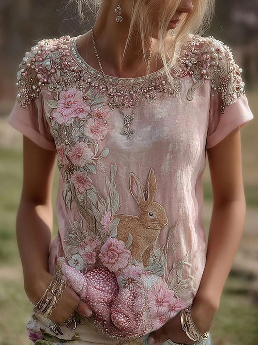 Damen-Kaninchen-Blumenprint-Lässiges T-Shirt