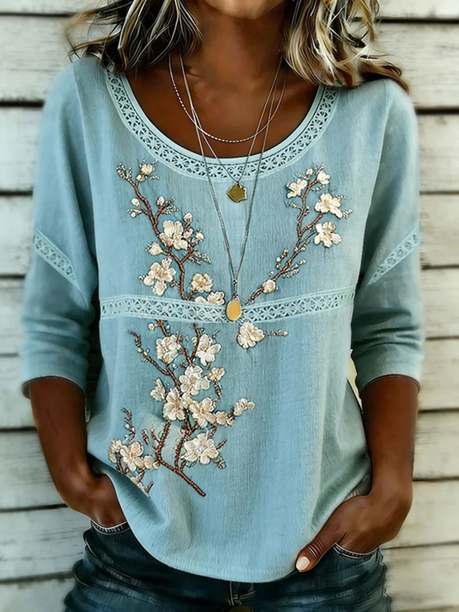 Damen-Blumen-Kunstdruck-Baumwoll-Leinen-Top