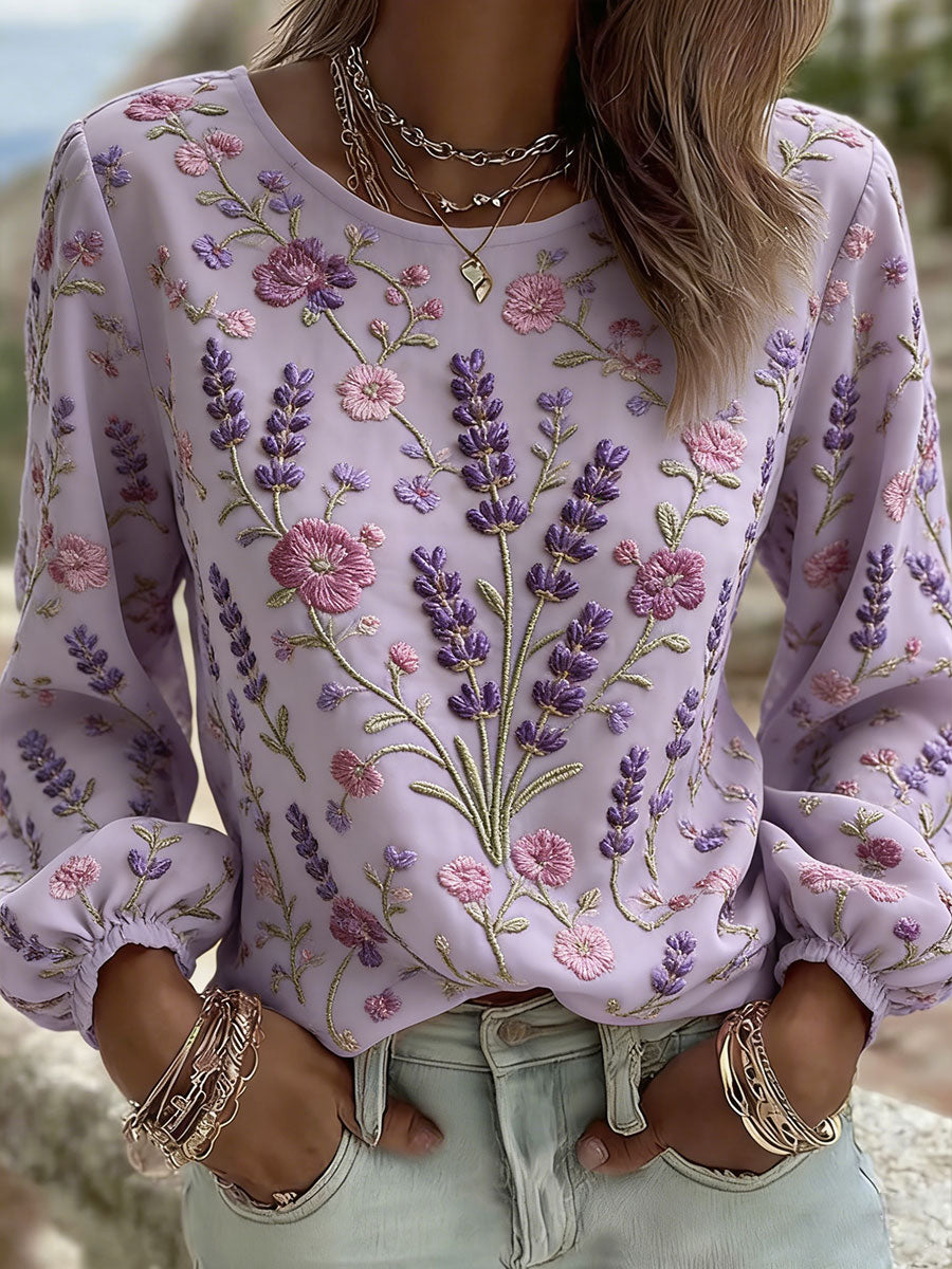 Damen-Lavendel-Blumenkunstdruck-Lässiges T-Shirt