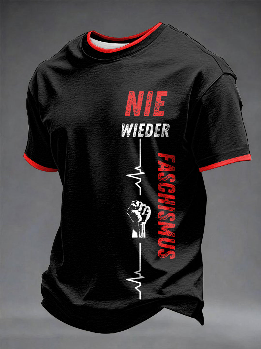 Herren-T-Shirt mit Kurzärmeln und dem Aufdruck „NIEMALS WIEDER FASCHISMUS“