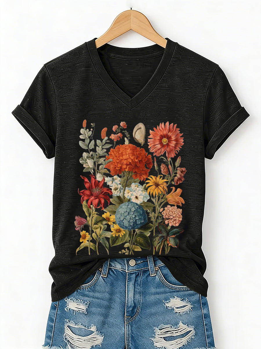 Damen-T-Shirt mit Blumenmuster und kurzen Ärmeln